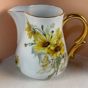 Rita Rauchwerger Hand Painted Floral Pitcher with Gold Handle